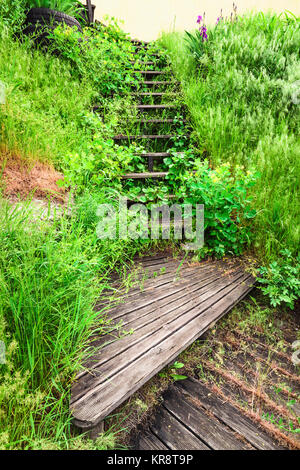 L'Ucraina, regione di Dnepropetrovsk, Dnepropetrovsk distretto, Voloske, gradini in legno ricoperta da erba Foto Stock