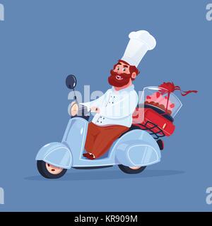 Chef di cucina Equitazione Scooter elettrico la consegna di torta sulla motocicletta Vintage isolato su sfondo blu Illustrazione Vettoriale