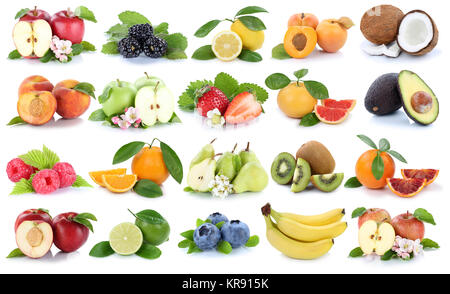 Frutta fresca collage apple arancione arancione banana fragola mele esentati limone tagliato isolato Foto Stock