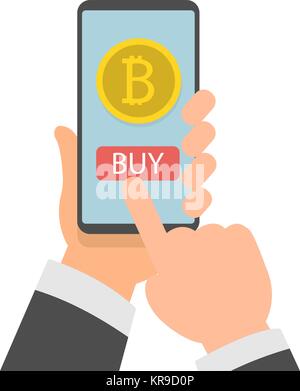 Imprenditore mano azienda smartphone con Bitcoins sullo schermo, on-line pagamento bitcoin Concetto, design piatto vettore Illustrazione Vettoriale
