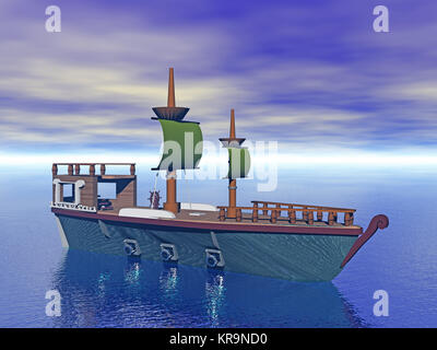 Nave pirata con vele set sul mare Foto Stock