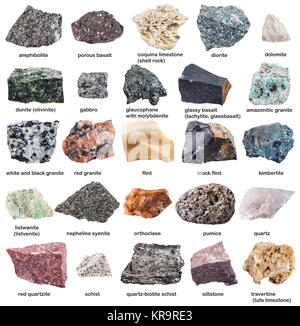 Varie materie minerali con nomi isolato su bianco Foto Stock