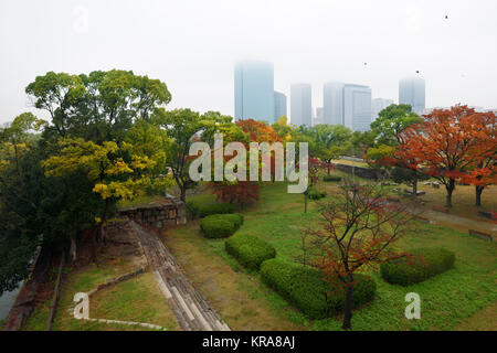 Il parco del Castello di Osaka alberi colorati su un bel nebbiosa mattina autunnale con osaka city skyline scenario di Chuo-ku financial district alti torri in Foto Stock