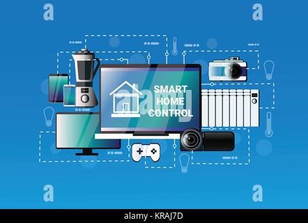 Casa intelligente sistema di controllo di dispositivi di concetto di automazione casa moderna tecnologia Illustrazione Vettoriale