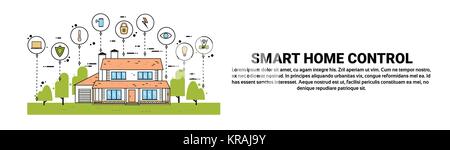 Smart Home Control Infografico edificio Banner con icone di monitoraggio casa moderna tecnologia sistema Banner orizzontale Illustrazione Vettoriale