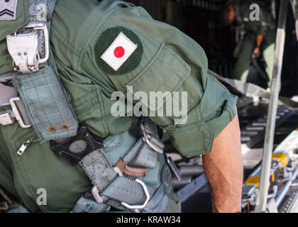 Un loadmaster con 1st Tactical Air Wing 401 Squadrone esegue una ispezione del cavo su un propulsore di un Koku Jieitai (Japan Air Self Defense Force) C-130H Hercules durante il funzionamento 66caduta di Natale presso Andersen Air Force Base, Guam, Dic 13, 2017. Il cablaggio consente il loadmasters per spostare tutto il retro del velivolo quando la baia porta è aperta per fornire efficacemente i fasci per le isole della Micronesia. (U.S. Air Force Foto Stock