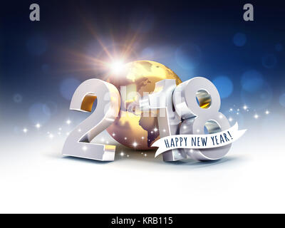 Saluti e argento nuova data dell'anno 2018, composto con un oro il pianeta terra, su un sfocato sfondo blu - 3D illustrazione Foto Stock