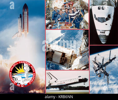 STS-74 equipaggio presentazione elemento comprendente: vista del lancio dello Space Shuttle Columbia il sollevamento fuori dal centro spaziale Kennedy con equipaggio patch il fondo, vista del naso della navetta spaziale Atlantis con membri di equipaggio a poppa ponte di volo, Windows Vista di Cape Cod Massachussets e la stazione spaziale Mir, vista di Atterraggio al Kennedy Space Center e un equipaggio nel-l'equipaggio di volo verticale. STS-74 equipaggio oggetto di presentazione Foto Stock