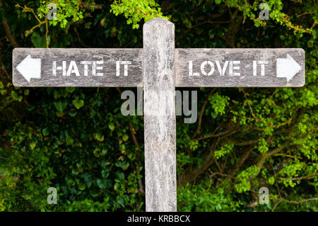 Lo odio contro love it segnaletica direzionale Foto Stock