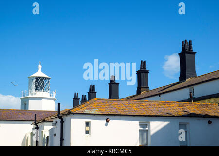 I dettagli architettonici, verniciato nero ciminiere contrasto con dipinti di bianco edifici, Lizard Lighthouse & Heritage Centre, Lizard Point, Cornwall, Regno Unito Foto Stock