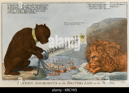 Foreign Amusements o il Leone britannico sull'orologio Foto Stock