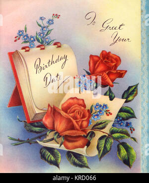 Biglietto di compleanno con calendario e rose rosse Foto Stock