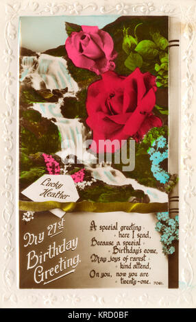 21st biglietto di compleanno con cascata e fiori Foto Stock