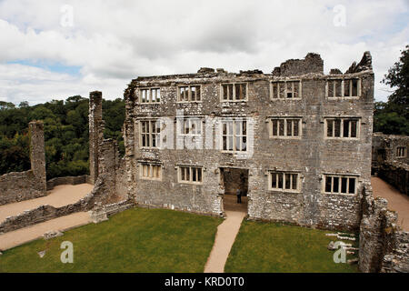 Parte delle rovine del Berry Pomeroy Castle vicino a Totnes nel Devon. Molti lavori di costruzione furono intrapresi nel corso del XV e XVI secolo, ma l'edificio fu abbandonato nel 1700, e si ritiene che sia infestato. Foto Stock