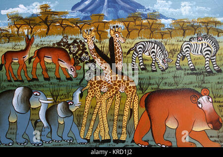 Tinga Tinga Pittura di African Safari animali Foto Stock