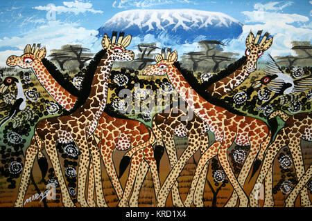 Tradizionale tanzaniano Tinga Tinga di verniciatura di un branco di giraffe Foto Stock