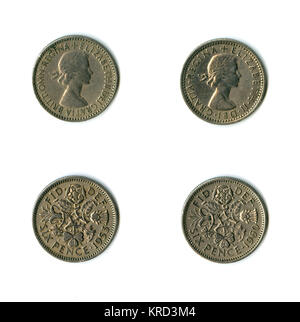 British monete, due Elizabeth II sixpences per 1953 e 1960, con un disegno sul retro che rappresentano l'Inghilterra (rosa), Scozia (thistle), il Galles (porro) e Irlanda (shamrock). Data: 1953, 1960 Foto Stock
