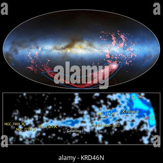 Queste immagini mostrano ampia e close-up di vedute di un lungo nastro di gas chiamato il Magellanic Stream, che si estende quasi a metà strada intorno alla Via Lattea. Nel combinato di radio e di luce visibile immagine nella parte superiore, il flusso gassoso viene mostrato in rosa. Le osservazioni radio dal Leiden/Argentina/Bonn (laboratorio) sondaggio sono state combinate con la Mellinger All-Sky Panorama in luce visibile. La Via Lattea è la luce fascia blu al centro dell'immagine. Il brown grumi sono polvere interstellare nubi nella nostra galassia. Il Magellanic nuvole, galassie satellite della Via Lattea, sono regioni bianche a b Foto Stock