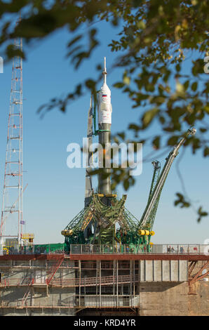 Il razzo Soyuz è visto sulla sua piazzola di lancio poco dopo essere stato sollevato nella sua posizione eretta su Lunedì, Sett. 23, 2013, presso il cosmodromo di Baikonur in Kazakistan. Lancio del razzo Soyuz è prevista per settembre 26 e invierà Expedition 37 Soyuz Commander Oleg Kotov, NASA tecnico di volo Michael Hopkins e Russo tecnico di volo Sergei Ryazansky su cinque e mezzo mesi di missione a bordo della Stazione Spaziale Internazionale. Photo credit: (NASA/Carla Cioffi) Soyuz TMA-10M navetta spaziale in Cosmodromo di Baikonur launch pad (5) Foto Stock