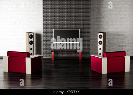 Soggiorno interno con tv, due poltrone e altoparlanti 3D Foto Stock