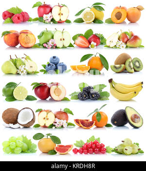 Früchte Frucht Obst Collage Apfel arancione banane Orangen Erdbeere Äpfel Birne Trauben Freisteller freigestellt isoliert Foto Stock