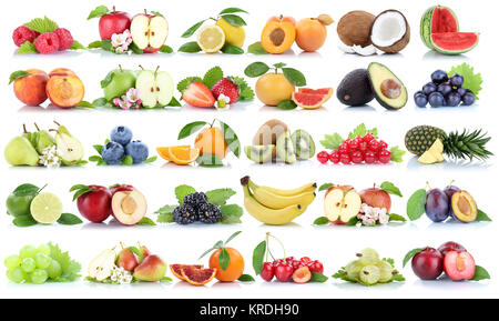 Früchte Frucht Obst Collage Apfel arancione banane Orangen Erdbeere Äpfel Birne Trauben Kirschen Limone biologisch Freisteller freigestellt isoliert Foto Stock