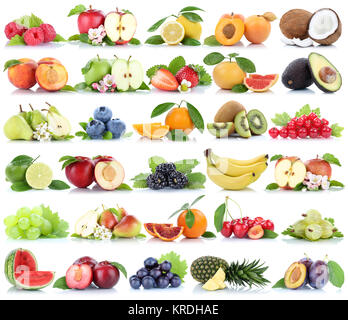 Früchte Frucht Obst Collage Apfel arancione banane Orangen Erdbeere Äpfel Birne Trauben Kirschen Wassermelone biologisch Freisteller freigestellt isoliert Foto Stock