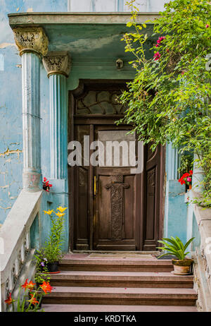 La vecchia porta con vegetazione a Bucarest, in Romania. Foto Stock