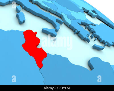 La Tunisia in rosso sul globo blu Foto Stock
