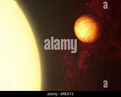 Questo artista del concetto mostra un Giove-come pianeta ammollo fino al cocente raggi del suo vicino a 'ONU.' NASA il telescopio spaziale Spitzer ha utilizzato il suo calore a infrarossi che cercano gli occhi per capire che un gas-pianeta gigante come quello illustrato qui è di due-di fronte, con un lato perennemente in scuro freddo, e l'altro per sempre di vesciche sotto il calore delle sue stelle. L'illustrazione raffigura come il pianeta sembrano occhi a raggi infrarossi, che mostra le variazioni di temperatura in tutta la sua superficie. Il pianeta, chiamato Upsilon Andromedae b, è stato scoperto per la prima volta nel 1996 attorno alla stella Upsilon Andromedae, situato 40 luce-y Foto Stock