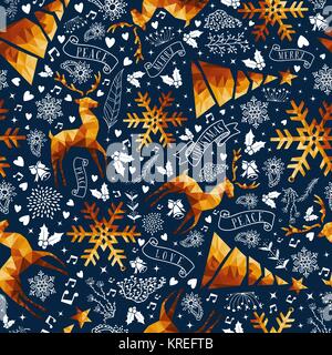 Buon Natale seamless pattern con oro bassa poli cervi di lusso e decorazioni di Natale per la stagione di vacanze sfondo. EPS10 vettore. Illustrazione Vettoriale