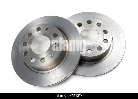 Due dischi freni isolati su sfondo bianco Foto Stock