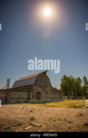 Il sole brilla luminosa sopra storica Giovanni Moulton granaio sulla riga Mormone, Grand Tetons National Park, Teton County, Wyoming Foto Stock