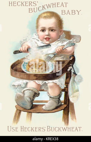 Victorian scheda commerciale per Heckers. Mostra un bambino in un seggiolone mangiare pancake con un coltello e forchetta. Foto Stock