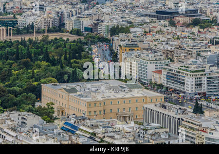 Il centro di Atene il parlamento greco e sulla vostra sinistra il giardino nazionale di Atene e poi si arriva ad apprezzare il tempio di Zeus Olimpio Foto Stock