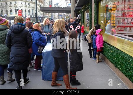 Last minute shopping natalizio e check out la finestra visualizzata al Macy's Herald Square, New York City Foto Stock