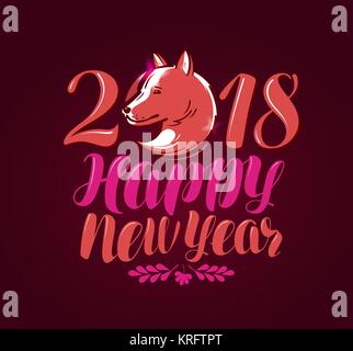 Felice Anno Nuovo, biglietto di auguri o un banner. 2018, simbolo del cane. Lettering illustrazione vettoriale Illustrazione Vettoriale