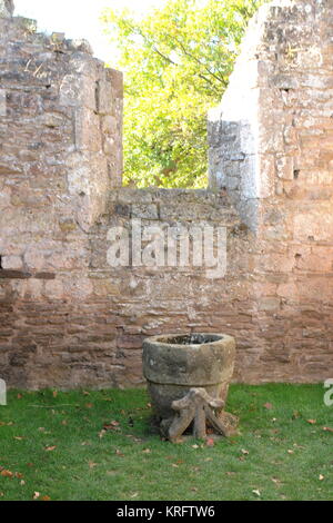 Un piccolo fonte di pietra nei resti di una cappella nel terreno di Lower Brockhampton Manor House, vicino a Bromyard, Herefordshire. Foto Stock