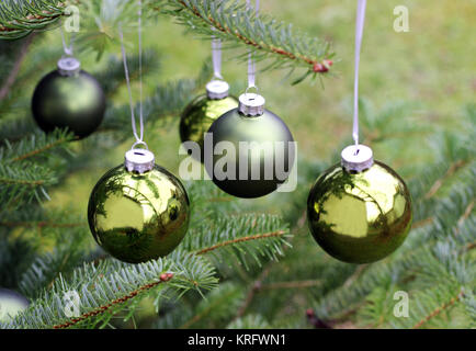 Le sfere di verde su un albero di natale, outdoor, close-up Foto Stock