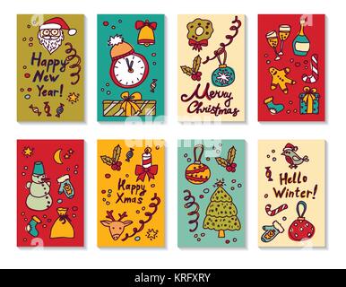 Nuovo anno cartoline natalizie set. Illustrazione Vettoriale