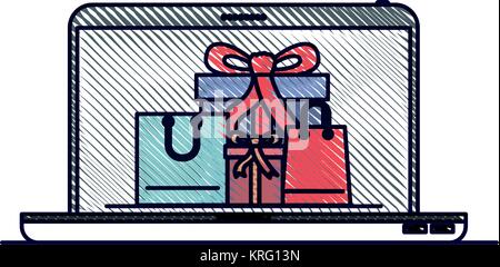 Computer portatile vista frontale con confezioni regalo e borse per lo shopping nella schermata in matita colorata silhouette Illustrazione Vettoriale