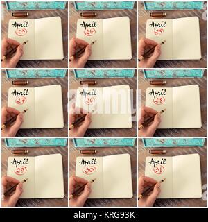 Photo Collage di giorni 23 al 31 del mese aprile manoscritta su notebook Foto Stock