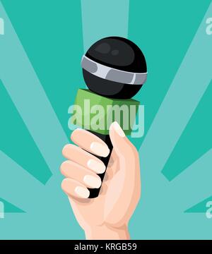 Microfono a mani reporter intervista televisiva blogging stile piatto illustrazione vettoriale isolato su sfondo turchese pagina sito web e mobile app Illustrazione Vettoriale