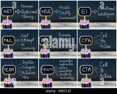 Photo Collage di business degli acronimi scritto con un gessetto su legno mini etichette di Blackboard Foto Stock