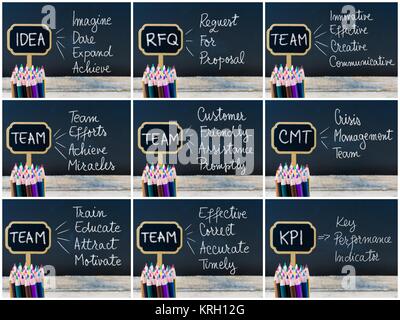 Photo Collage di business degli acronimi scritto con un gessetto su legno mini etichette di Blackboard Foto Stock