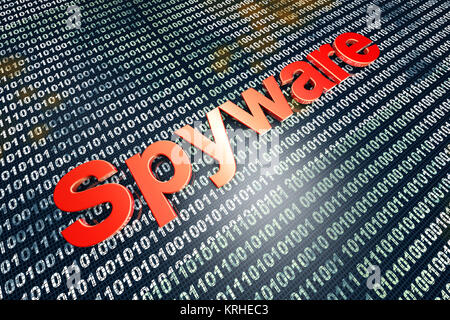 Spyware nel codice. Tipografia di fronte digitale, sfondo binario. Foto Stock