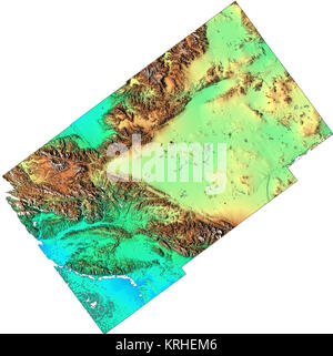 JSC2000-E-02741 PIA02719 (Data di rilascio: 18 febbraio 2000) --- quando gli scienziati hanno prima guardato a questa immagine, almeno uno è stato ascoltato per mutter, "Dal deserto alla montagna al mare." Questa immagine mostra in dettaglio che colpisce la topografia variata della California del Sud. I dati, che coprono una superficie una volta e mezza la dimensione del New Jersey, sono state acquisite in 15 secondi dallo Shuttle Radar Topography Mission (SRTM). La grande forma a V attraverso il centro dell'immagine è il punto di intersezione delle montagne innalzarsi lungo due difetti principali. Il San Andreas anomalia è la parte inferiore della 'V' e la ga Foto Stock