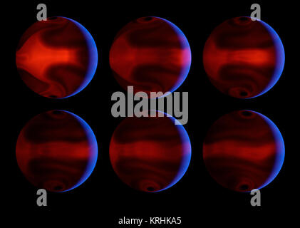 Queste immagini generate da computer grafico lo sviluppo di gravi tendenze meteorologiche sulla altamente eccentrico exoplanet HD 80606b durante i giorni dopo il suo approccio più vicino alla sua stella madre. Un esopianeta è un pianeta che orbita intorno ad una stella diversa da il nostro sole. Le immagini sono state prodotte mediante simulazioni al computer che modellato NASA il telescopio spaziale Spitzer misurazioni di irradiamento del calore dal pianeta. Le sei telai sono uniformemente distanziati nel tempo, partendo da 4,4 giorni dopo il pianeta approccio vicino alla stella, un momento noto come 'periastron,' e in esecuzione attraverso 8,9 giorni dopo periastron. Il bagliore blu Foto Stock