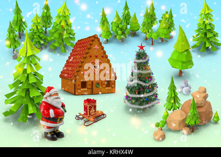 Storia di Natale: coperta di neve forest Babbo Natale con i doni. Il rendering 3D nella forma di un cartone animato. Foto Stock