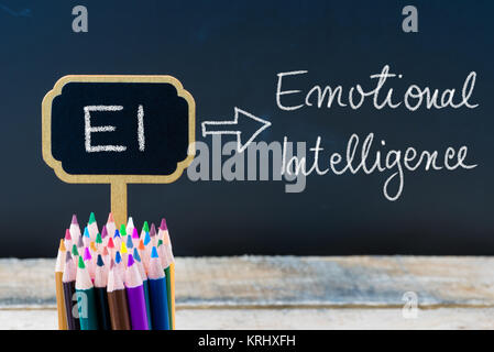 Acronimo di Business EI Intelligenza Emotiva scritto con un gessetto su legno mini etichette di Blackboard Foto Stock